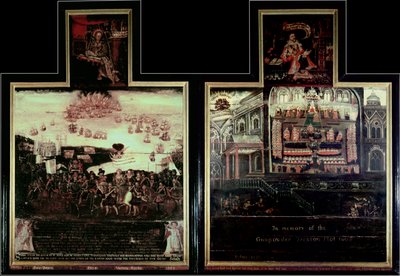 Diptiek die de aankomst van koningin Elizabeth I (1530-1603) in Tilbury, de nederlaag van de Spaanse Armada en het Buskruitverraad afbeeldt door English School
